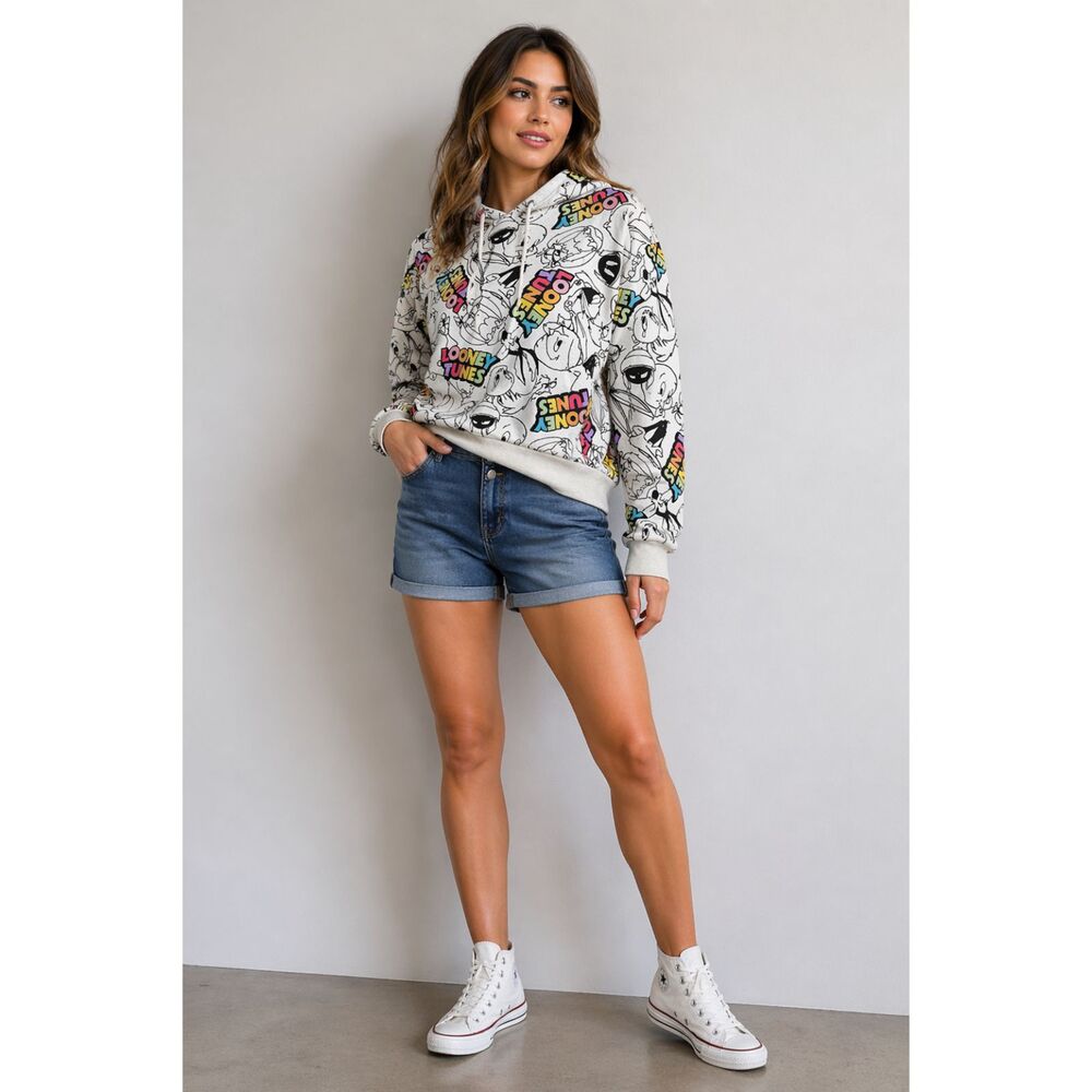 Vintage Looney Tunes Hoodie Medium White All Over Print Cartoon Graphic Pullover